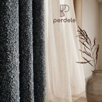 Perdele Premium Dokulu Fon Perde – Mavi ve Antrasit