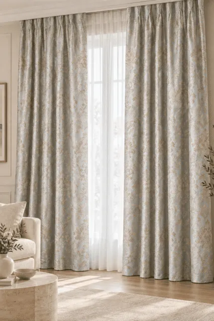 Buz mavisi barok desenli damask jakar fon perde salonda beyaz tül ile birlikte