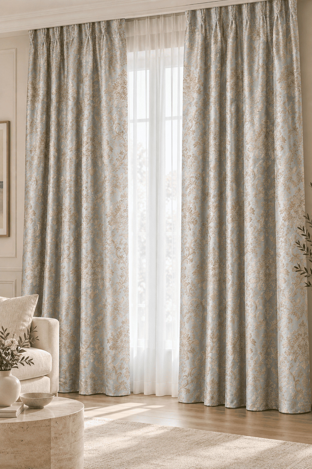 Buz Mavisi Barok Desenli Damask Jakar Fon Perde Salon Görünümü Buz mavisi barok desenli damask jakar fon perde salonda beyaz tül ile birlikte