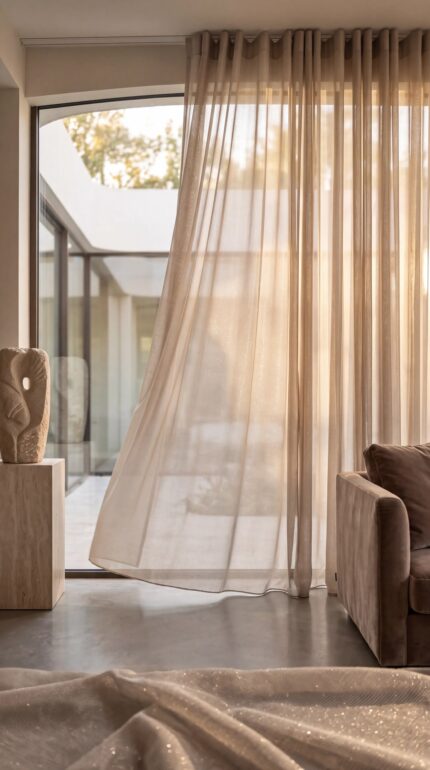 Salon penceresinde ışığı süzen ışıltılı vizon tül perde