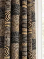Siyah altın etnik desenli jakar fon perde altın detaylı etnik kilim desenli kumaş yakın çekim