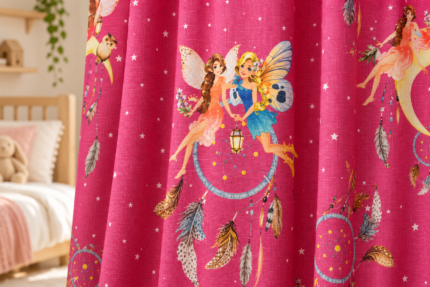 Pembe peri ve rüya kapanı desenli keten görünümlü fon perde detayı
