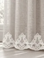 Bej etek nakışlı tül perde damask motif yakın çekim