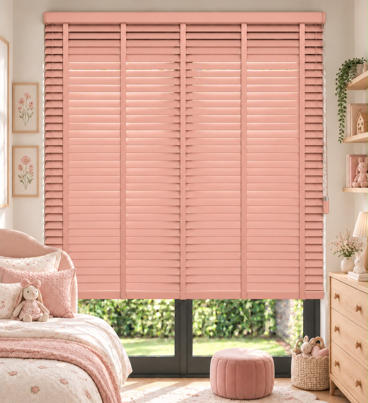Toz Pembe Ahşap Jaluzi 50 mm - Çocuk Odası Toz pembe ahşap jaluzi çocuk odasında